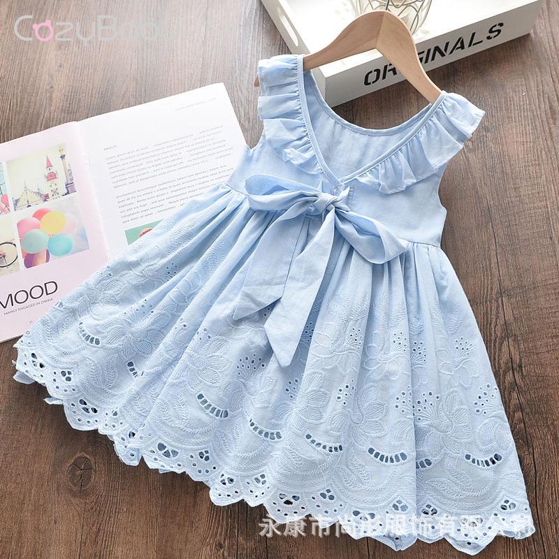 Vestido De Verão Cozybaby Summer Solid Girls Lace Hollow Out Laço De Renda