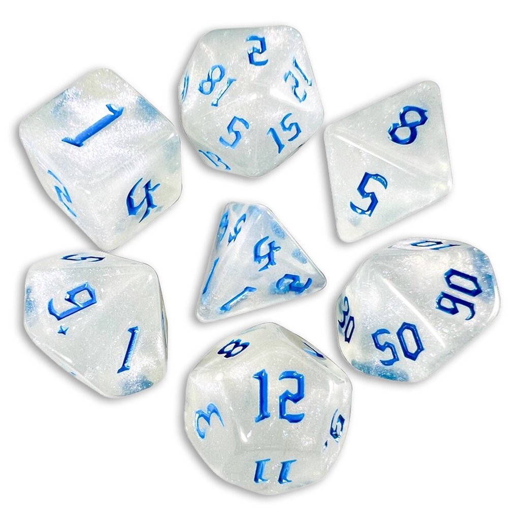Kit 7 Dados RPG Iridescente Branco e Azul Poliédricos Brilho Glitter Set dice D&D D20 D12 D10 D% D8 D6 D4