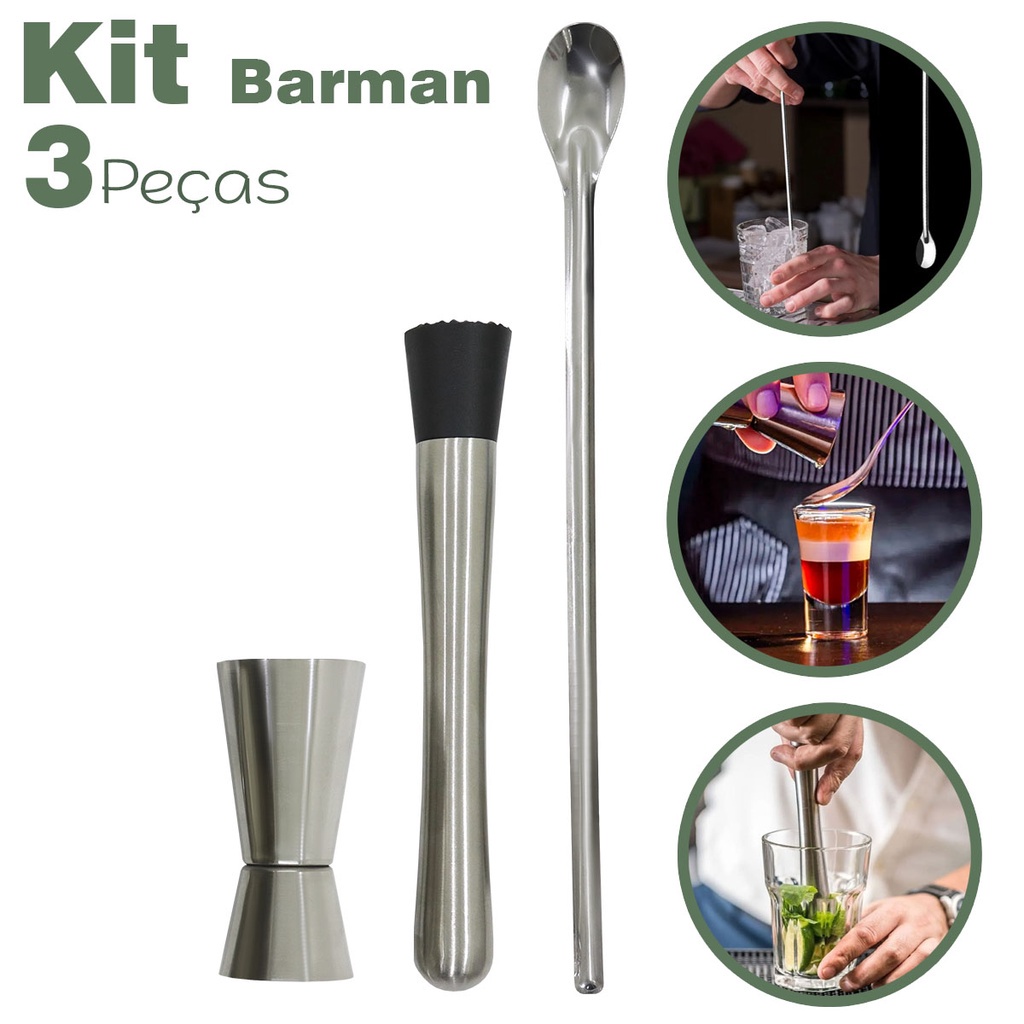Kit Colher Bailarina Dosador Duplo E Socador Aço Inox P/ Drinks Bartender Bar Gin