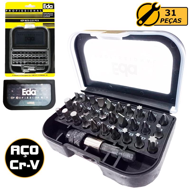 Kit Jogo 31 Peças Bits Parafusadeira Furadeira Ponteira Mini Estojo Profissional Cromo Vanádio Cr-V em Oferta na Shopee