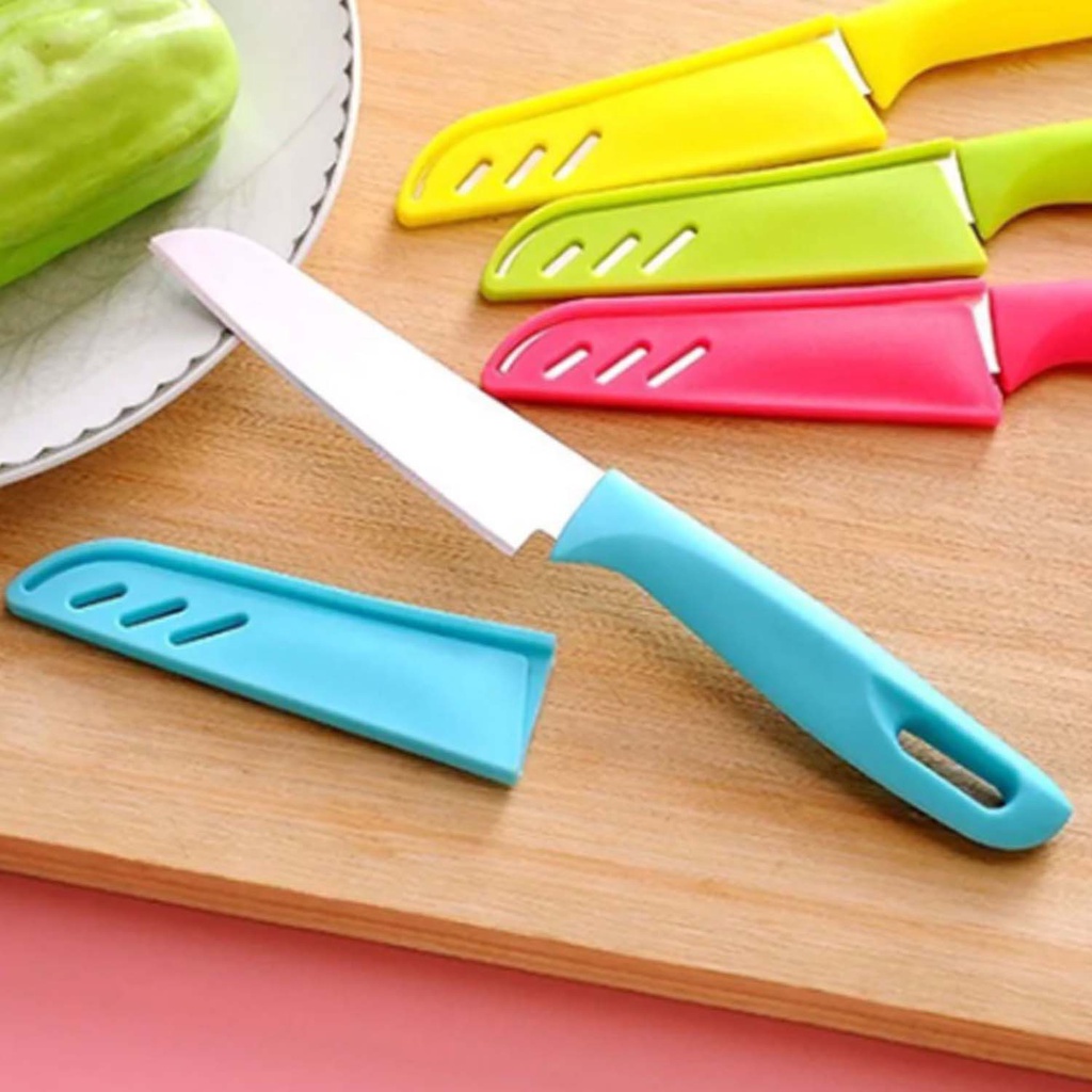 Faca Cozinha Colorida Inox Portátil Lâmina Afiada Corta Fatia Descasca Legume Salada Fruta Comida Capa Bainha Protetora Capa