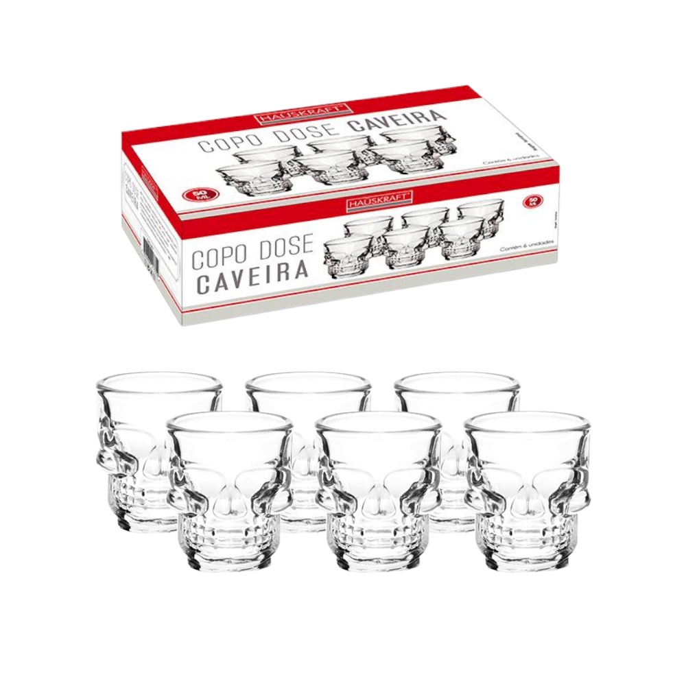 Jogo C/6 Copos Shot Dose Vidro Caveira Tequila Bebida 50mL