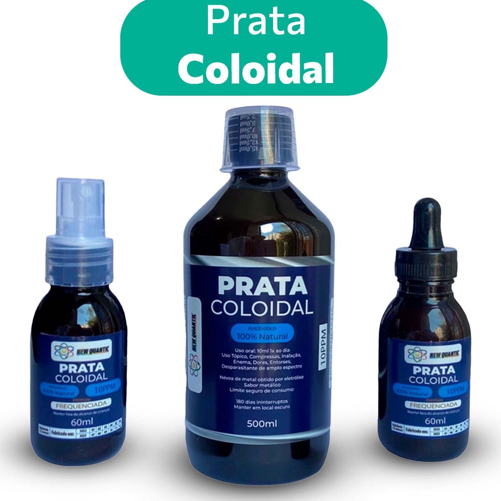 KIT COM 1 ÁGUA DE PRATA COLOIDAL 500ML + 1 ÁGUA DE  PRATA  SPRAY 60ML + 1 ÁGUA DE PRATA CONTA GOTAS