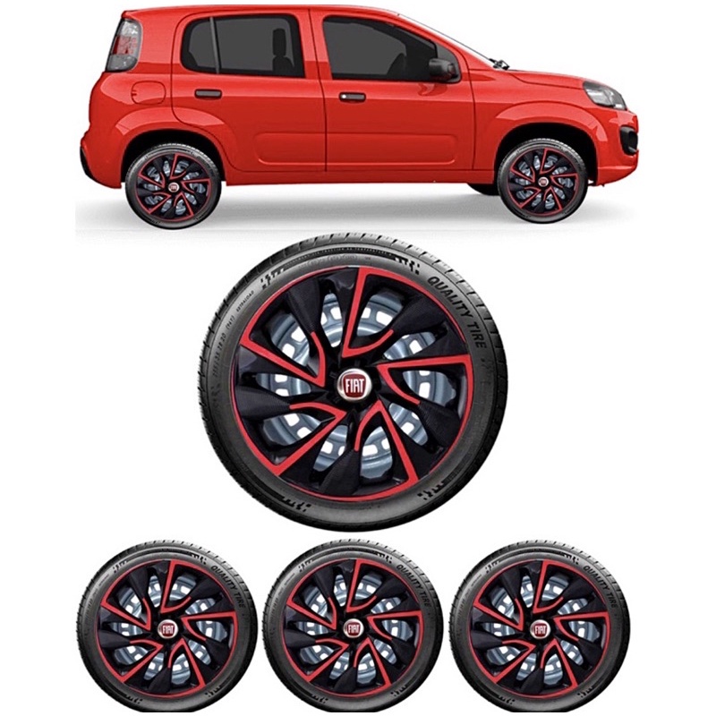 Kit 4 Carlota Esportiva Aro 14 Fiat Uno Vivace Way Fire Mille Argo Mobi Palio Siena Punto Linea Preto/Vermelho