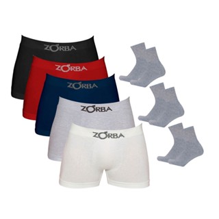 Kit 5 Cuecas Boxer Algodão Zorba + 3 Pares de Meias