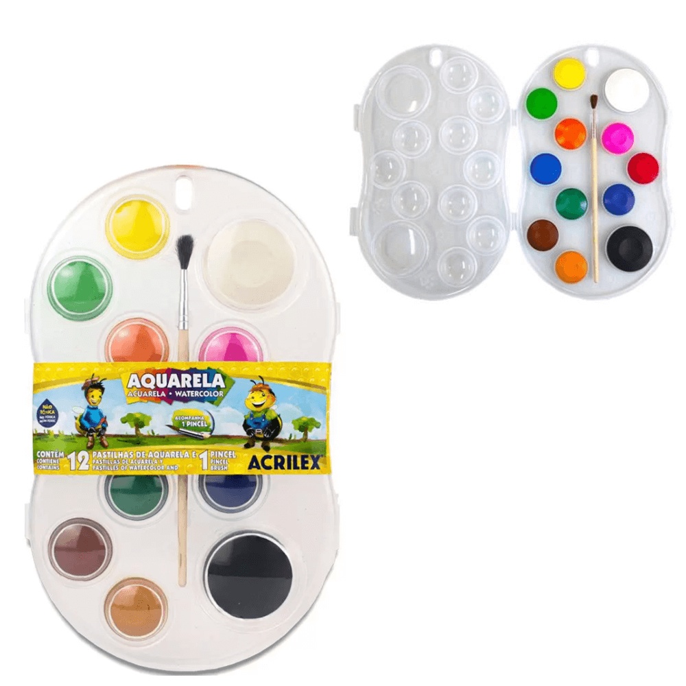 Tinta Aquarela Em Pastilha Com 12 Cores + 1 Pincel (Ref.01812) Acrilex ...