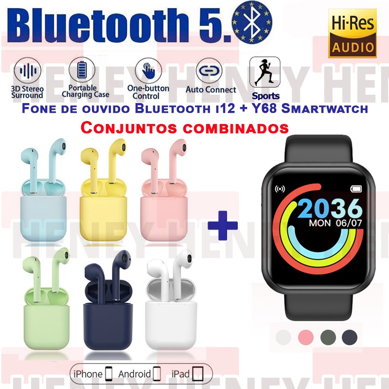 Kit Smartwatch Fitness D20 D20S Y68 Macaron + Fone Bluetooth