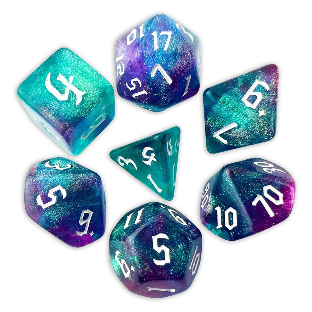 Kit 7 Dados RPG Iridescente Púrpura e Turquesa Poliédricos Brilho Glitter Set dice D&D D20 D12 D10 D% D8 D6 D4