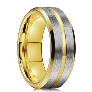 Anel Aço Inox Inoxidável Prata com Listra Dourado