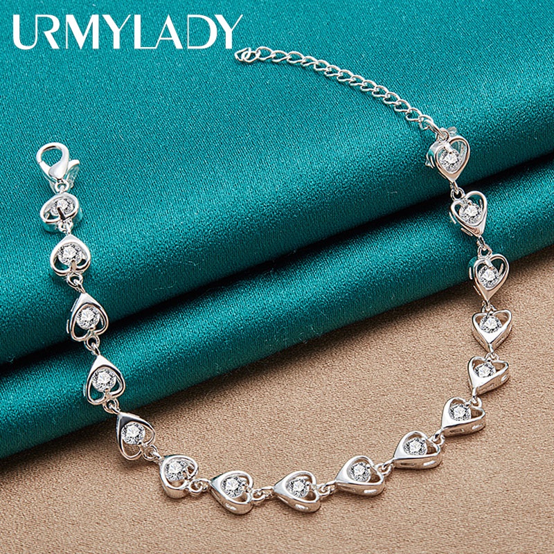 URMYLADY 925 Sterling Silver Heart AAAAA Zircon 20CM Pulseira Para Festa De Moda Feminina Jóias De Natal