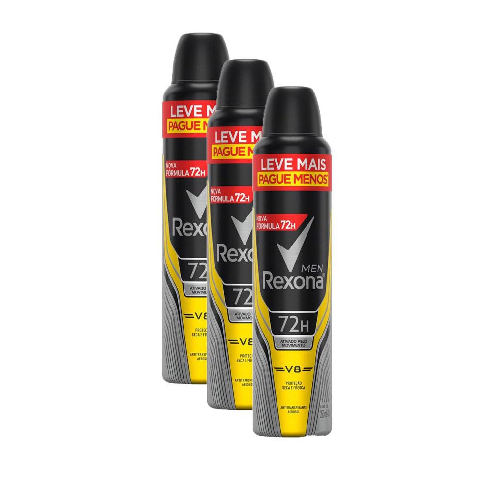 Kit 3 Desodorantes Antitranspirante Aerosol Masculino Rexona V8 72 horas 250ml - Beauty