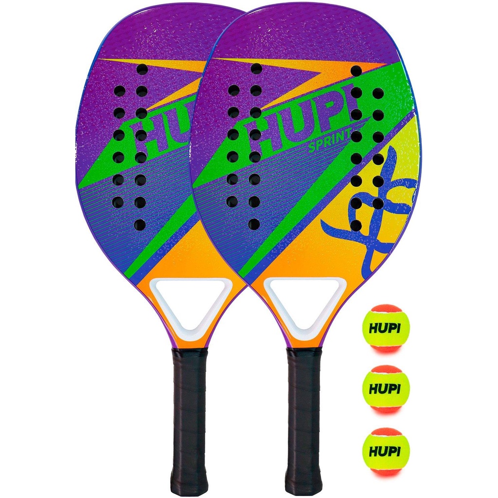 Kit 2 Raquetes Beach Tennis HUPI Carbon/Fiberglass Sprint + 3 Bolas de Beach Ten