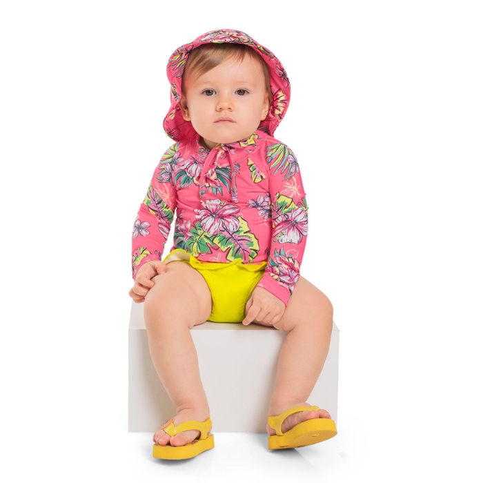 Roupa De Praia Infantil Feminino Conjunto Camisa Calcinha e Chapéu Estampada Proteção Uv50 Verão