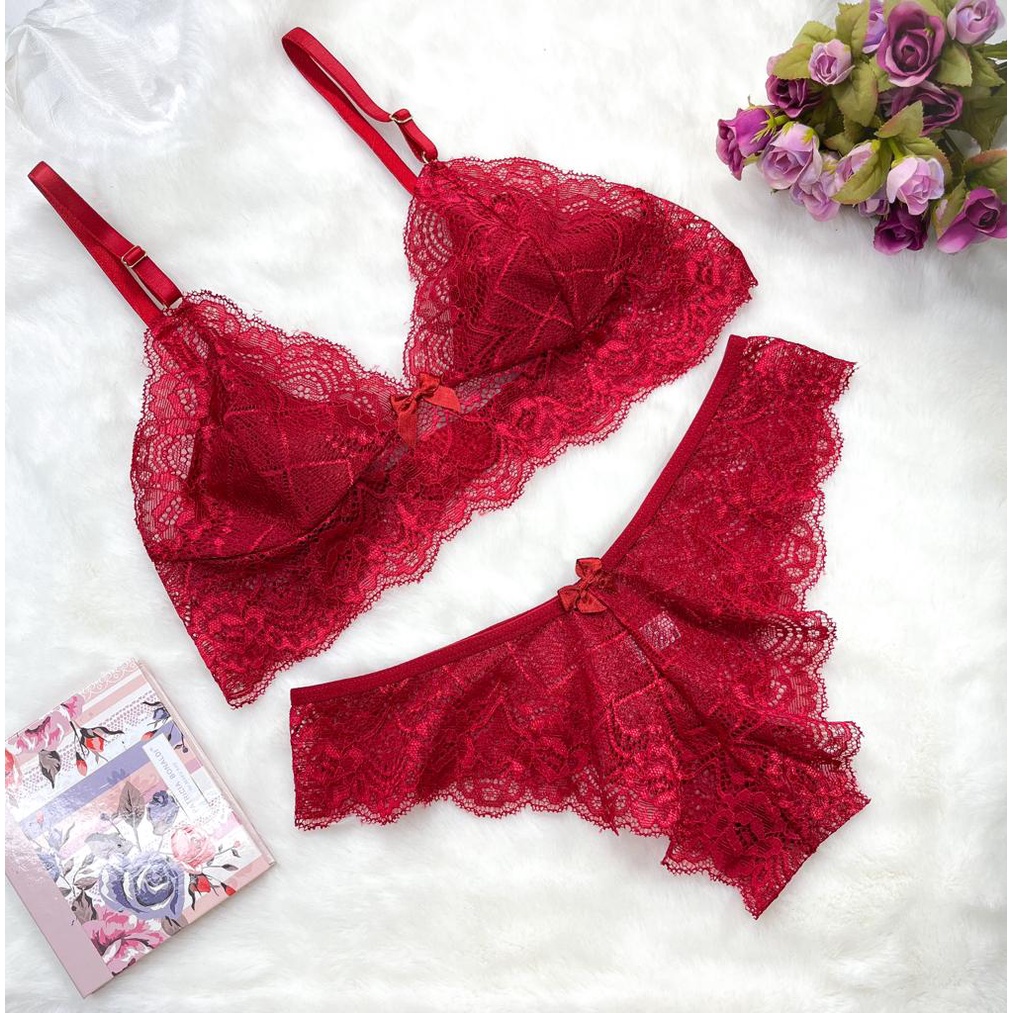 Conjunto De Lingerie Calcinha e Sutiã Sem Bojo De Renda Sexy (Liz)