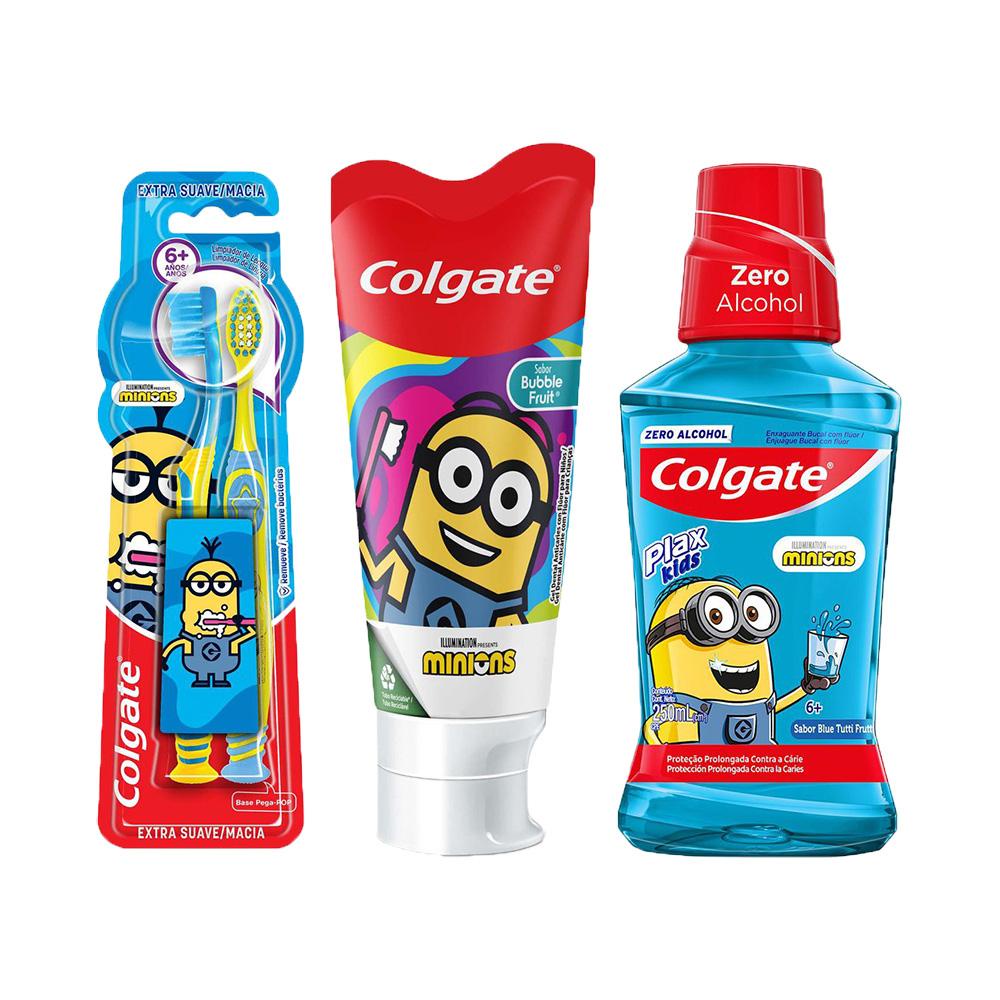 Kit Colgate Minions Escova Smiles 6+ 2un + Creme Smiles 100g + Enxaguante Bucal Plax Kids 250ml em Oferta na Shopee