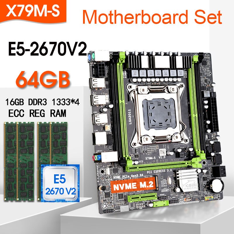 Placa-Mãe Com LGA2011 Xeon E5 2670 V2 CPU 4pcs x 16GB = 64GB Memória DDR3 ECC RAM 133mhz NVME M . 2 Slot KIT Combos