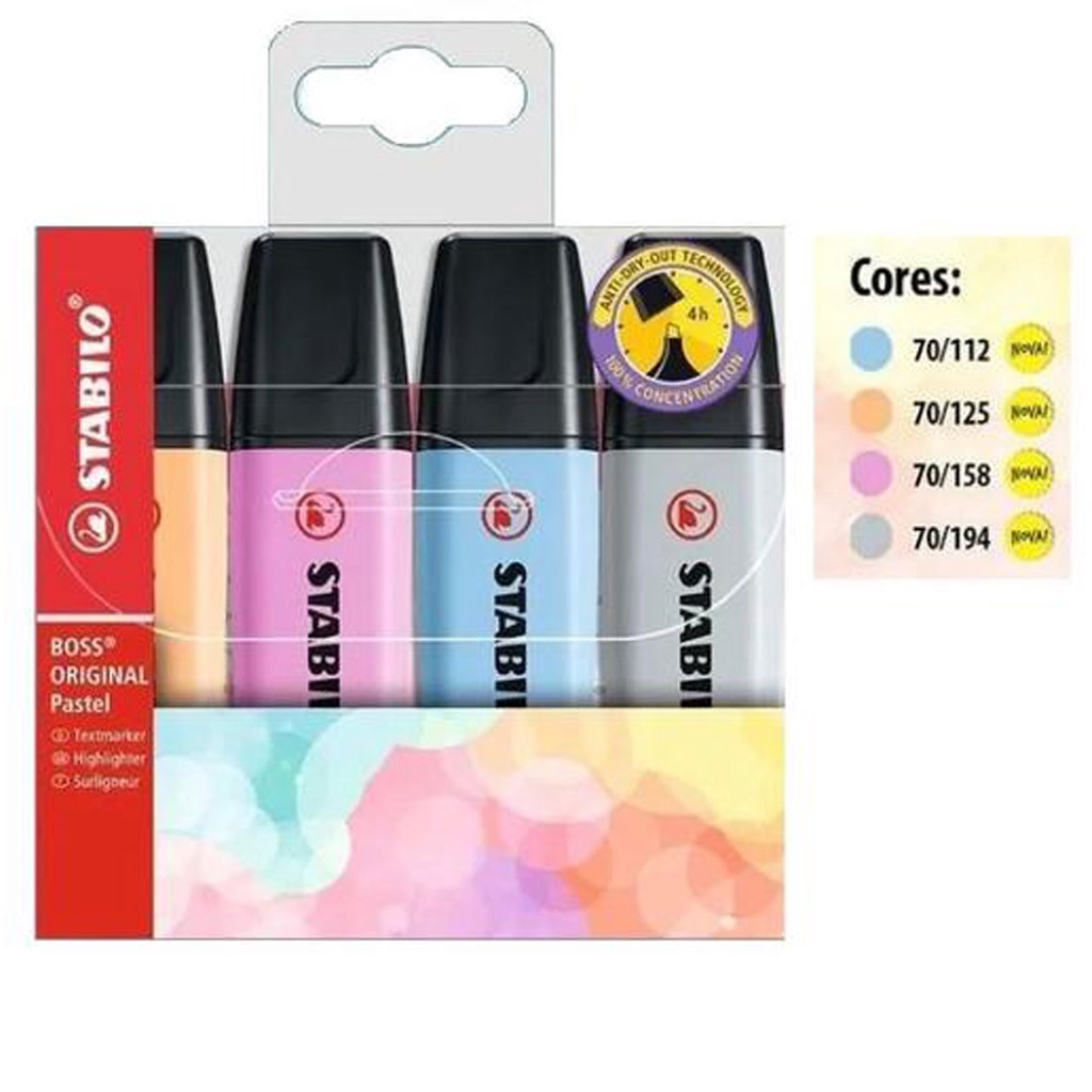 Caneta Marca Texto Stabilo Boss Neon Pastel Novas Cores com 4
