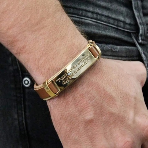 Pulseiras Bracelete Masculino Feminino Couro Sintético Aço Inox Folheado ouro 18k Tudo Posso em Oferta na Shopee
