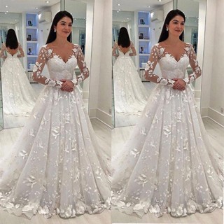 Vestido De Noiva Feminino Com Renda Profunda v Manga Longa Banquete Anfitrião Noite/ Tulle Branco Civil