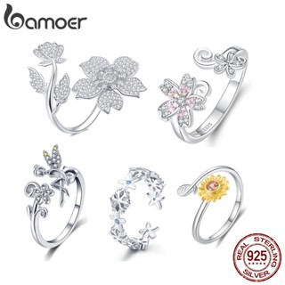 Bamoer Anel Aberto Ajustável Prata 925 Versão Várias Flores Para Mulheres Jóias Delicadas BSR127