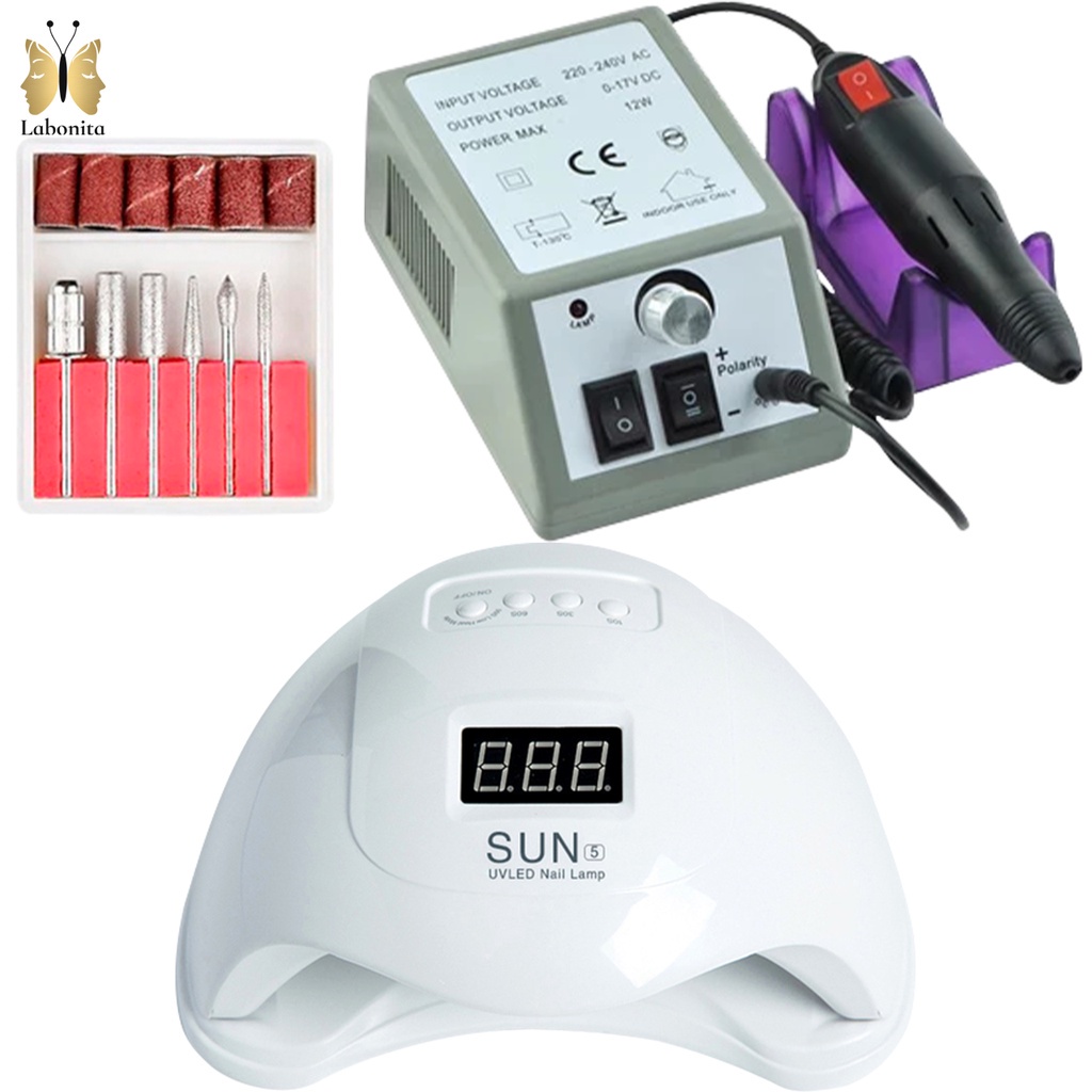 Kit Manicure Iniciante Cabine Sun 5 48w Lixadeira Elétrica Motor Mercedes Unha Gel Acrygel Porcelana Manicure e Pedicure Profissional