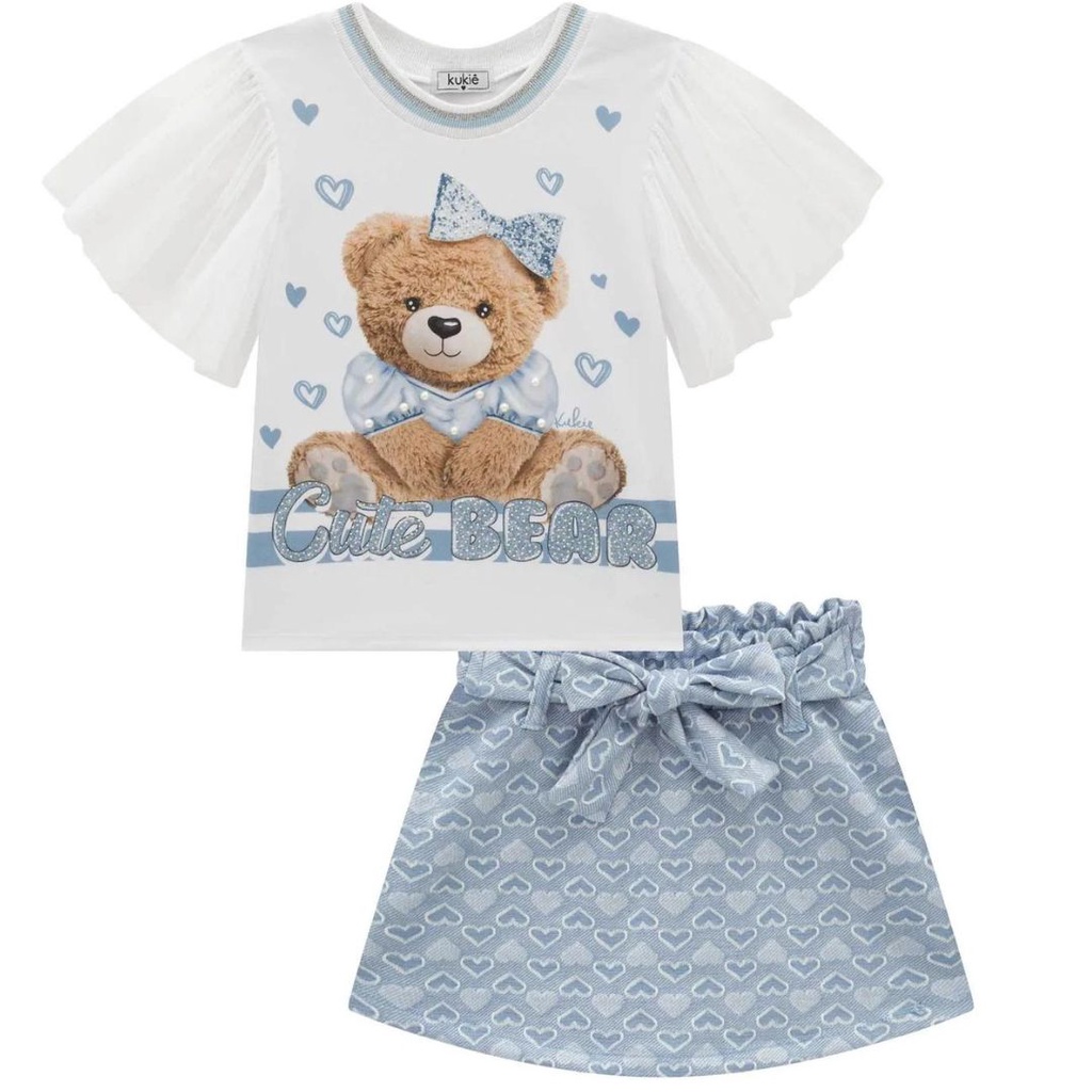 Conjunto de Blusa em Cotton e Tule e Short Saia em Malha Jacquard Branco com Azul Kukie