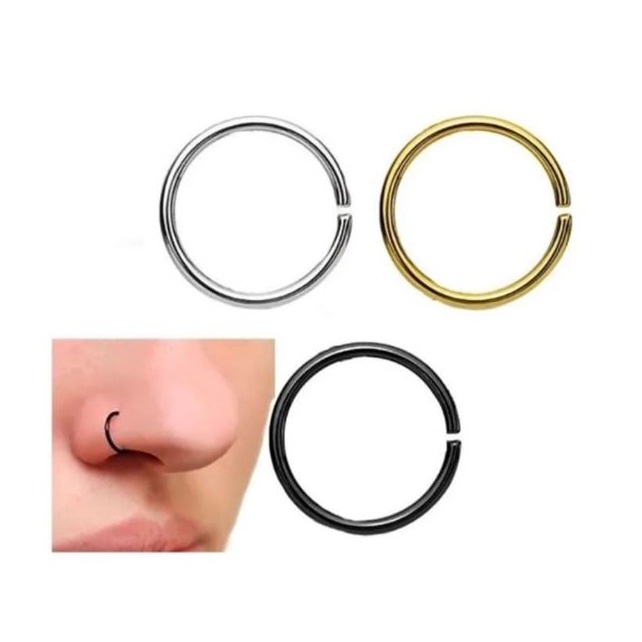 Kit 3 Unidades Piercing Argola Nariz Septo Aço Inox Falso Pressão Nostril Combo Preto Prata Dourado