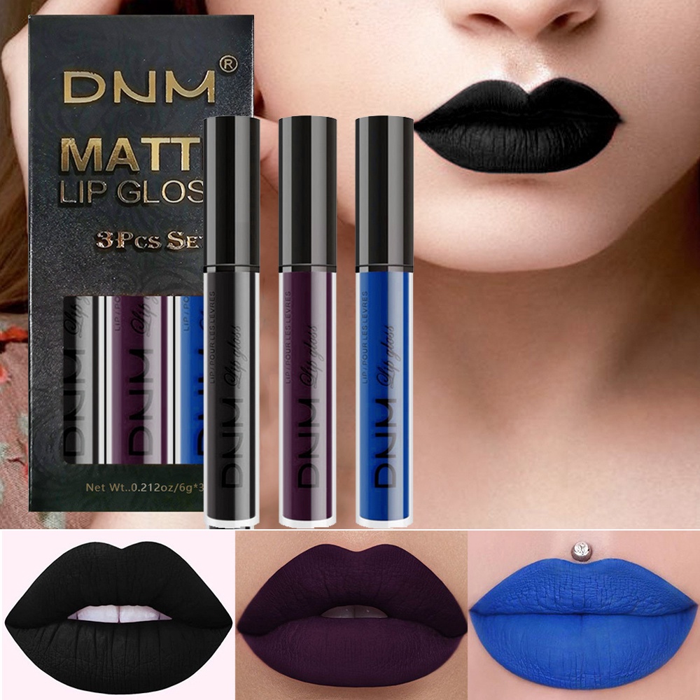 Novo 3pcs/set Batom Líquido À Prova D'água Cosmético Preto Azul Roxo Verde Fosco Brilho Labial Nude Lip Tint Manchas Maquiagem