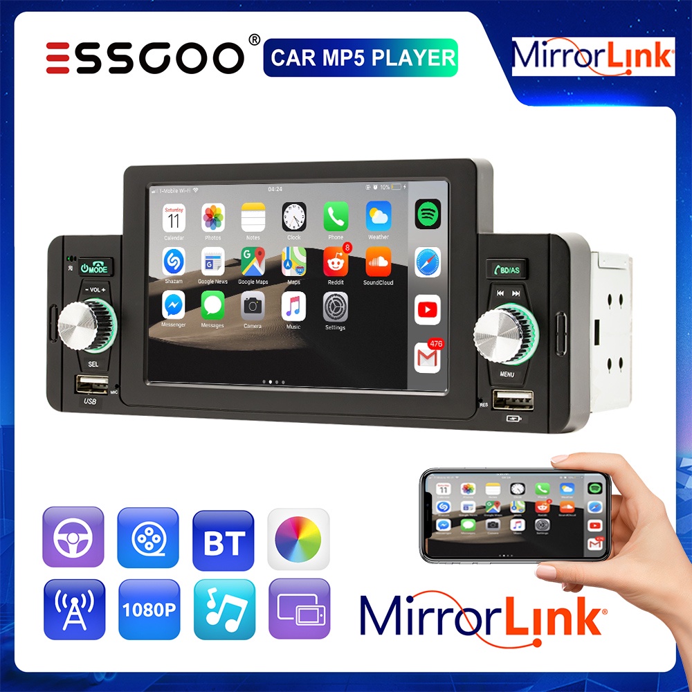 ESSGOO 5 " HD Touch Screen Rádio Do Carro 1 Din Espelho Link Bluetooth MP5 Player FM/TF/USB/AUX Do Carro Central Multimídia
