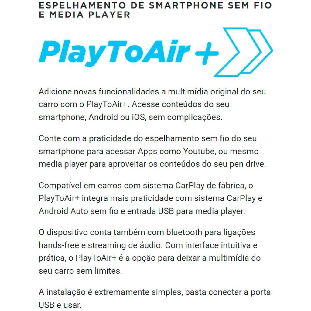 Detalhes do Espelhamento PlayToAir+ 2500 2019 a 2021 com CarPlay Plug and Play Bluetooth Android Auto sem fio