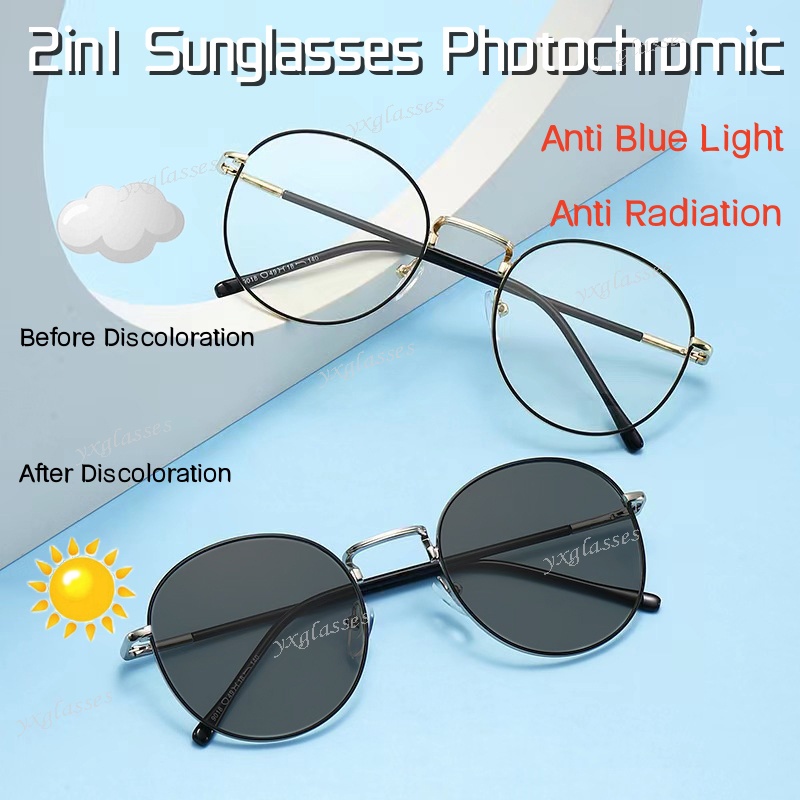 2 Em 1 Óculos De Sol Fotocromático Anti-Radiação Para Homens Mulheres Luz Azul Proteção Dos Olhos metal Redondo Ao Ar Livre