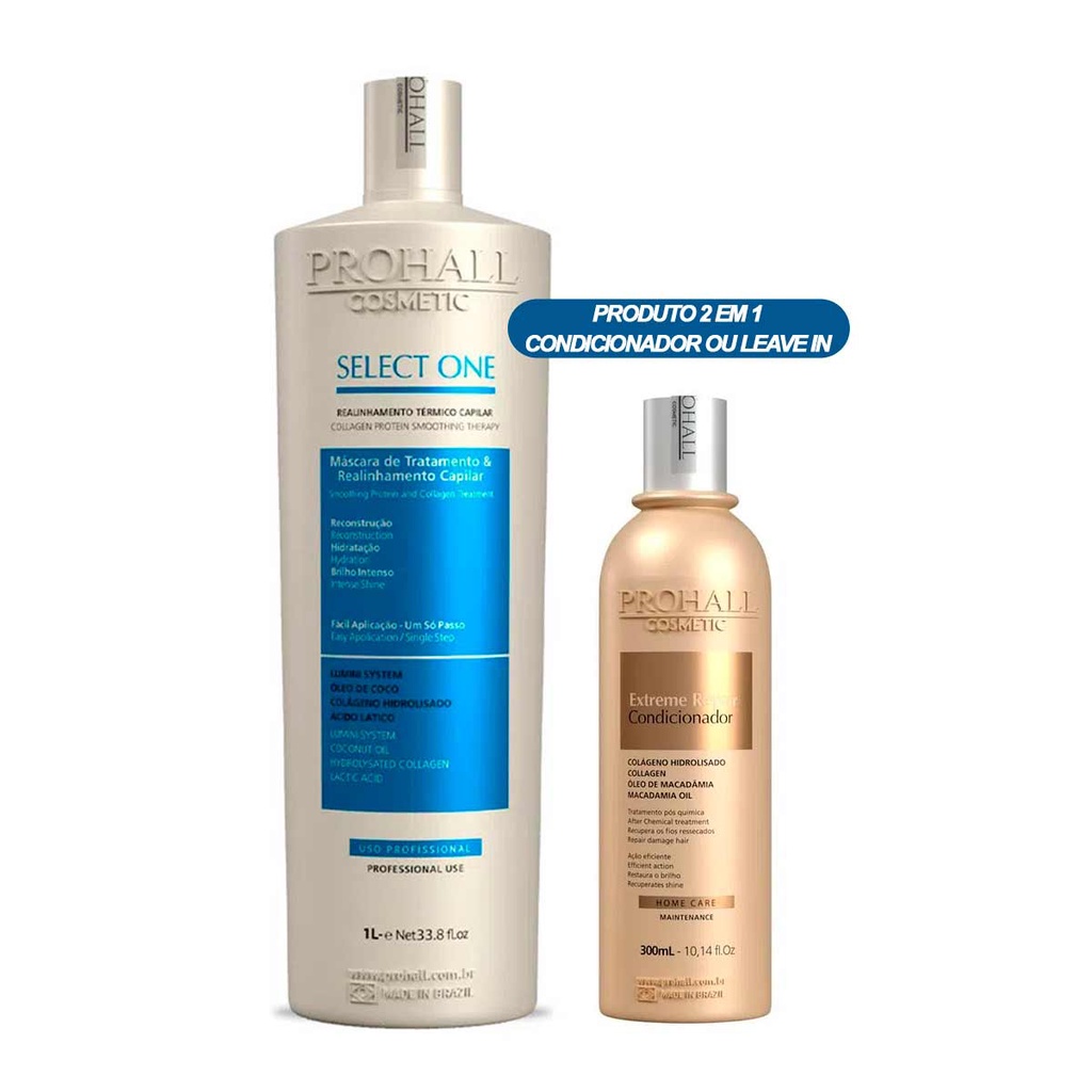 Escova Progressiva Select One Prohall 1 Litro + Leave-in Extreme Repair Macadâmia 300ml