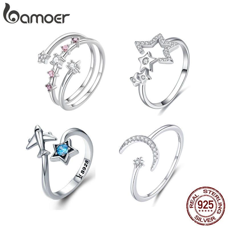 Bamoer Anel Aberto Ajustável 925 Versão Estrela Lua Para Mulheres Jóias Delicadas BSR310 em Oferta na Shopee