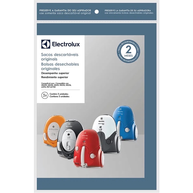 Kit c/ 3 Sacos Originais p/ Aspiradores Electrolux: NEO, LISTO E PET LOVER (SBENE)