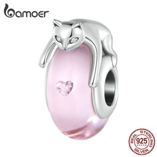 Bamoer Prata Vidro Gato Contas Pingente Rosa Traje Para Pulseira Diybsc802