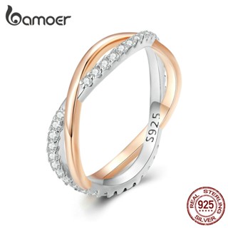 Bamoer 925 Prata Cruz Bicolor Zircon Ring Moda Jóias Para Casais Estudantes Femininos