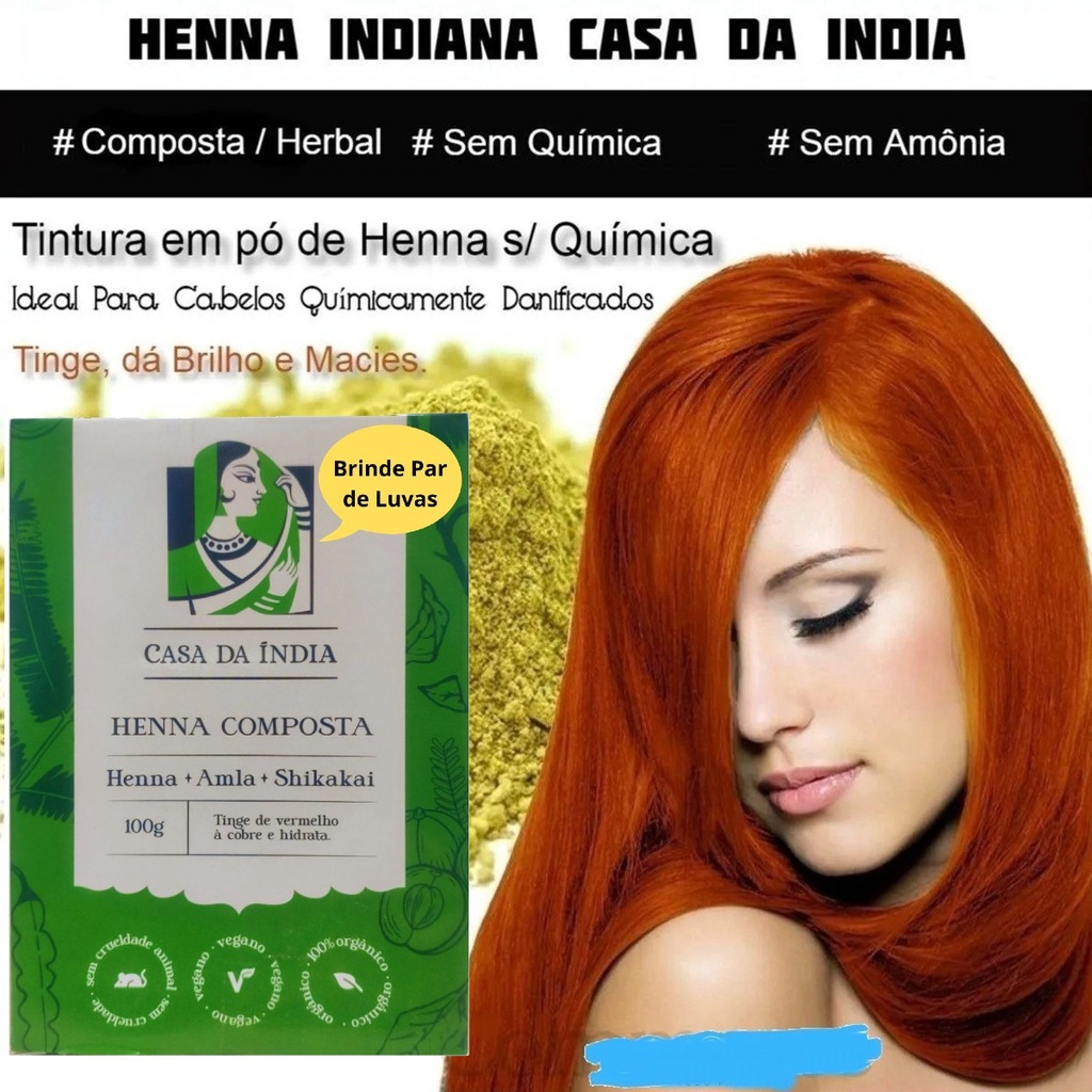 Henna Natural Composta Herbal Coloração Ruivo Tipo Laranjinha - Para os Cabelos - Casa da Índia