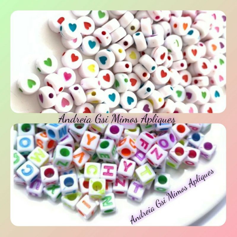 Kit Miçangas Infantil 50g Dadinho Alfabeto E 50g micanga estampa Coração