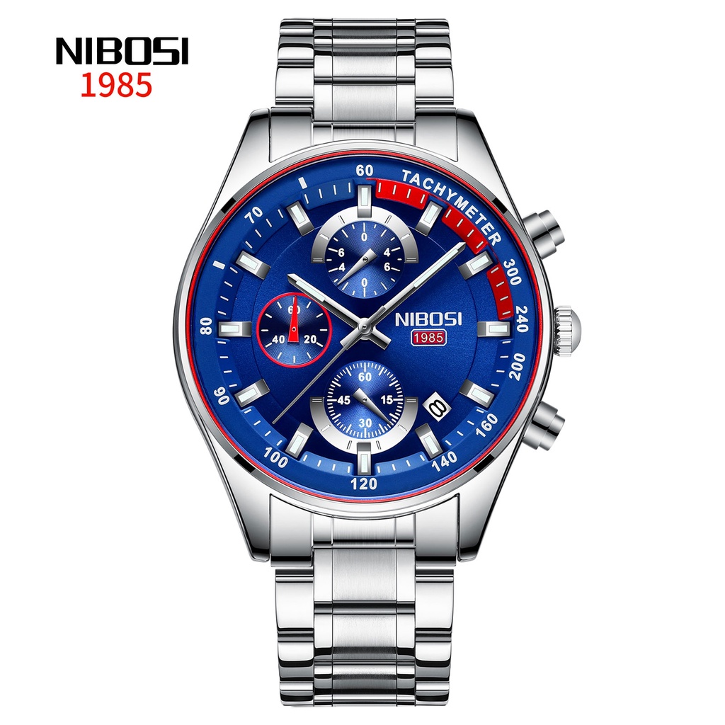 NIBOSI Novo Relógio Masculino Moda Luxo Cronógrafo Azul Completo Data de Aço Inoxidável Relógio Masculino Esportivo