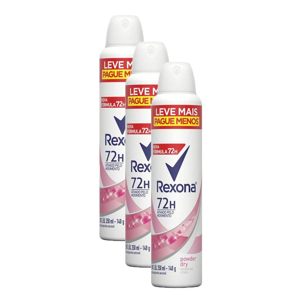 Kit 3 Desodorantes Antitranspirante Aerosol Feminino Rexona Powder Dry 72 Horas 250ml em Oferta na Shopee