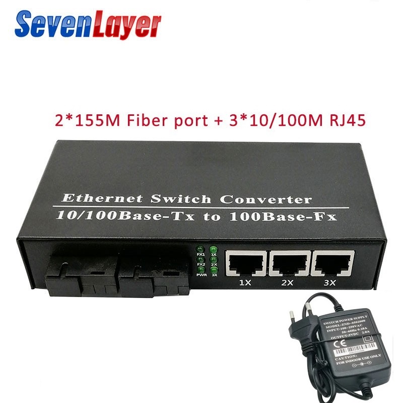 Fibra Óptica Conversor De Mídia De Ethernet switch Single Mode 3 RJ45 E 2 Porta SC 10/100 M