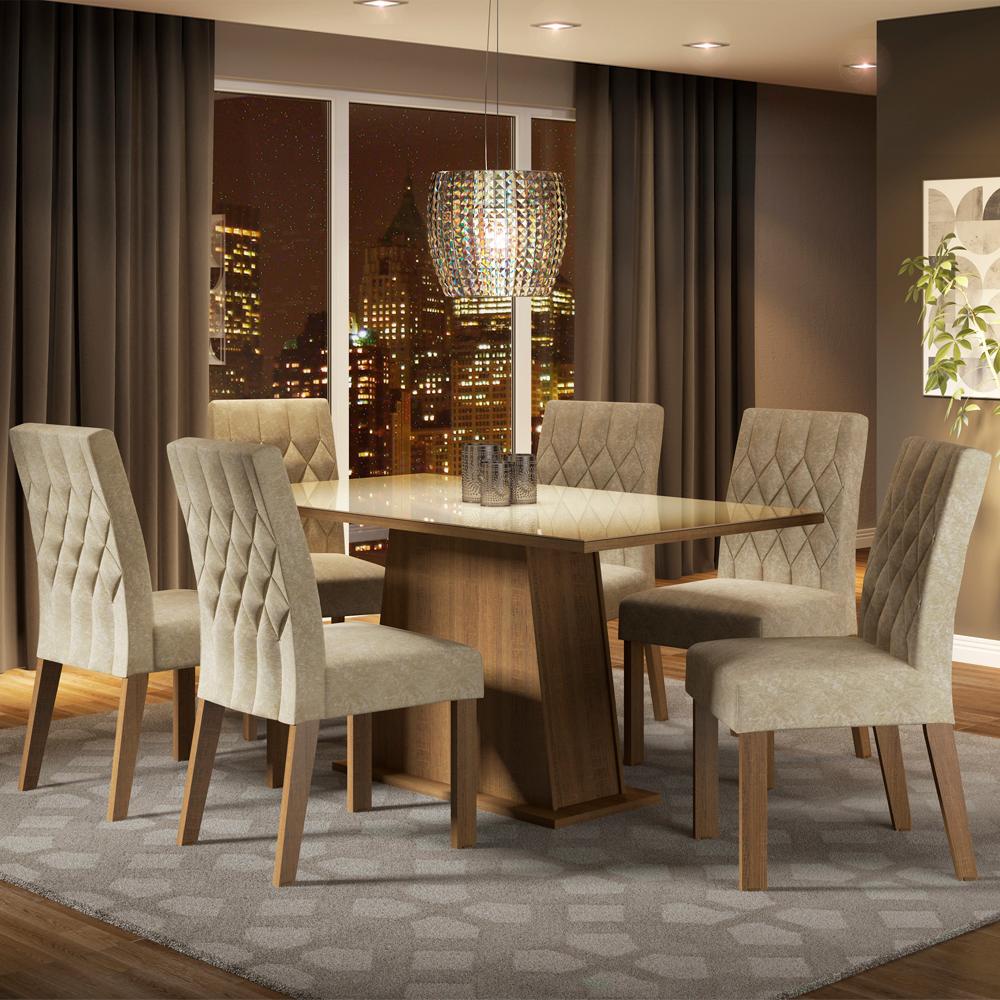 Conjunto Sala de Jantar Madesa Rafaela Mesa Tampo de Vidro com 6 Cadeiras - Rustic/Crema/Imperial em Oferta na Shopee