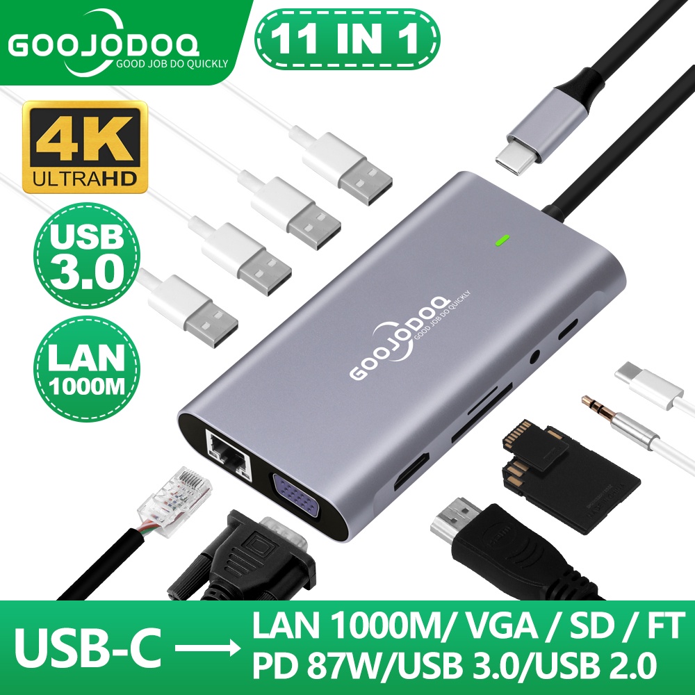 GOOJODOQ USB C hub 10 em 1 MB Adaptador tablet Laptop Tipo C Display Port Para HDMI 4K RJ 45 Cabo VGA PD 100W 3.5mm SD Card TF Card 3 Port