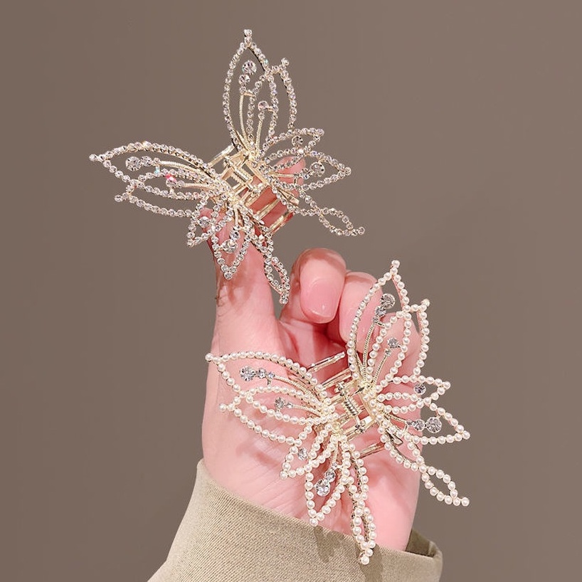 Coreano Pérola Strass Borboleta Grampo De Cabelo Garra De Cristal Liga Mulher Hairpin Acessórios Para O em Oferta na Shopee