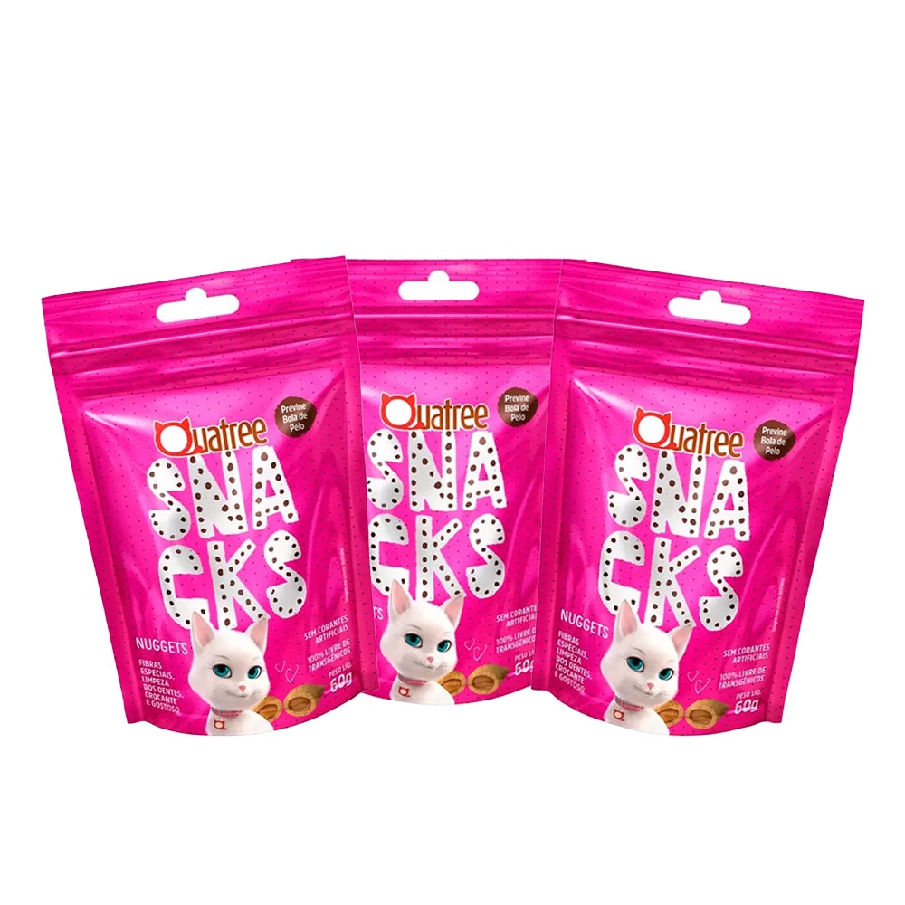 KIT 3 Snack Quatree Nuggets Petisco Para Gatos Bola De Pelo Sabor Frango - 60g em Oferta na Shopee