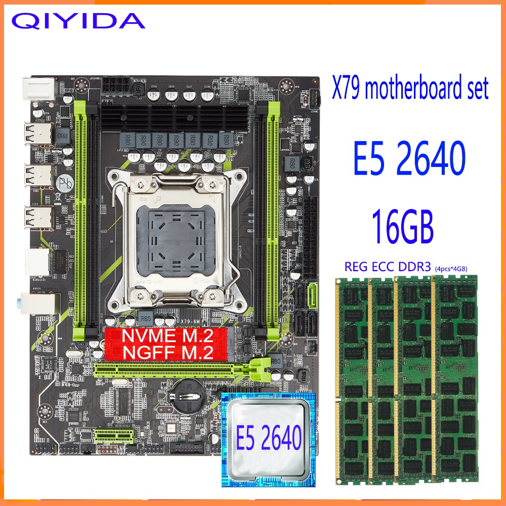 Qiyida Xeon E5 2640 CPU LGA2011 Combos 4pcs * 4GB = 16GB Memória DDR3 PC3 10600R 133mhz X79 Conjunto De Placa-Mãe Com