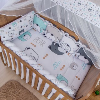 Kit de berço 10 peças ursinhos cinza luxo com almofadinhas para menino