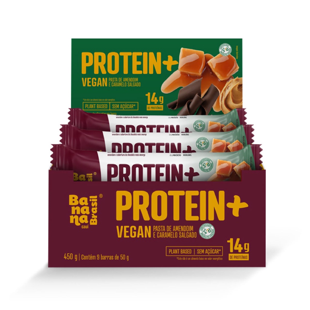 Barra Protein+ Vegan Sabor Pasta de Amendoim e Caramelo Display 9un de 50g - Banana Brasil 60243