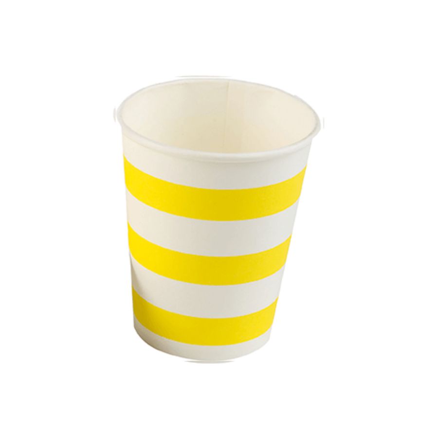 Copo de Papel Listrado Amarelo Biodegradável - 10 un - 270 ml - Silver Festas - Rizzo Distribuidora