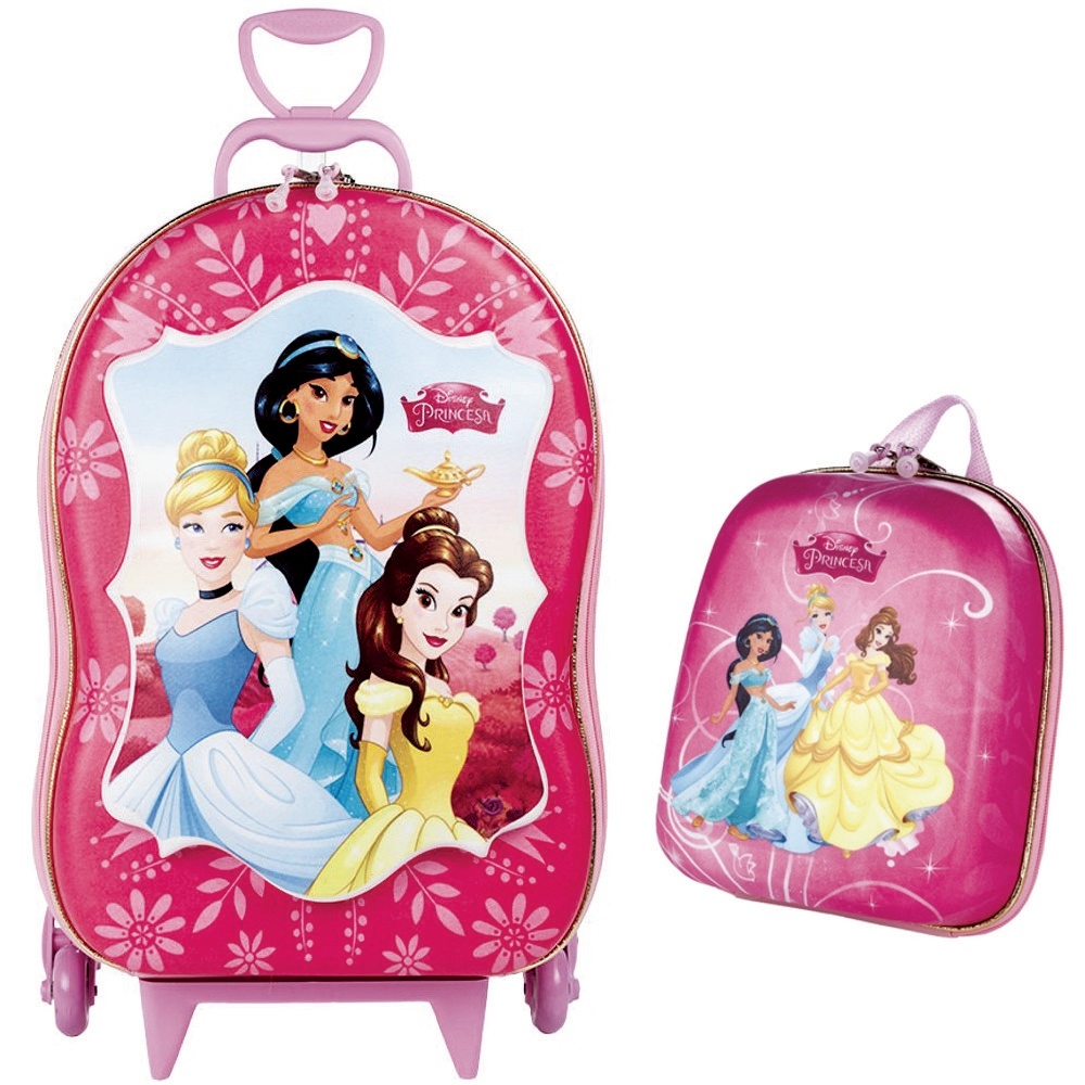 Mochila de Rodinhas Mochilete 3D com Rodinha Tripla + Lancheira Princesas Disney Maxtoy Diplomata